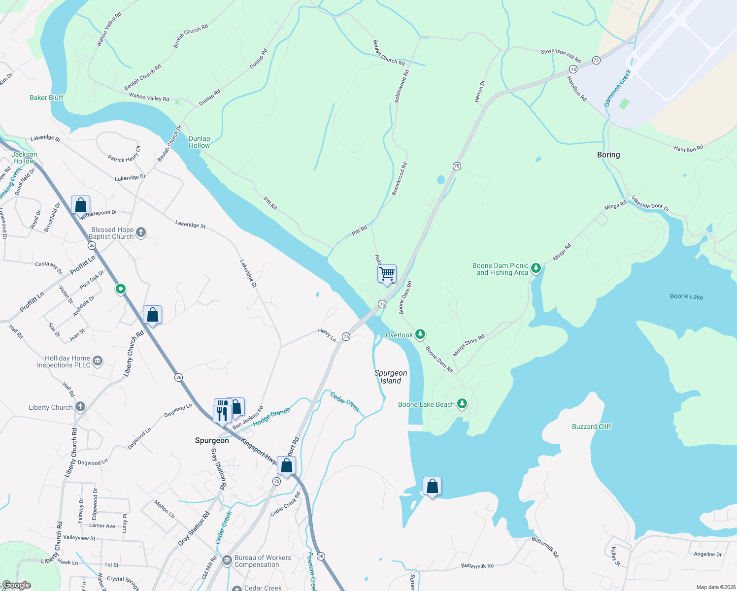 map of restaurants, bars, coffee shops, grocery stores, and more near 109 River Bridge Road in Kingsport