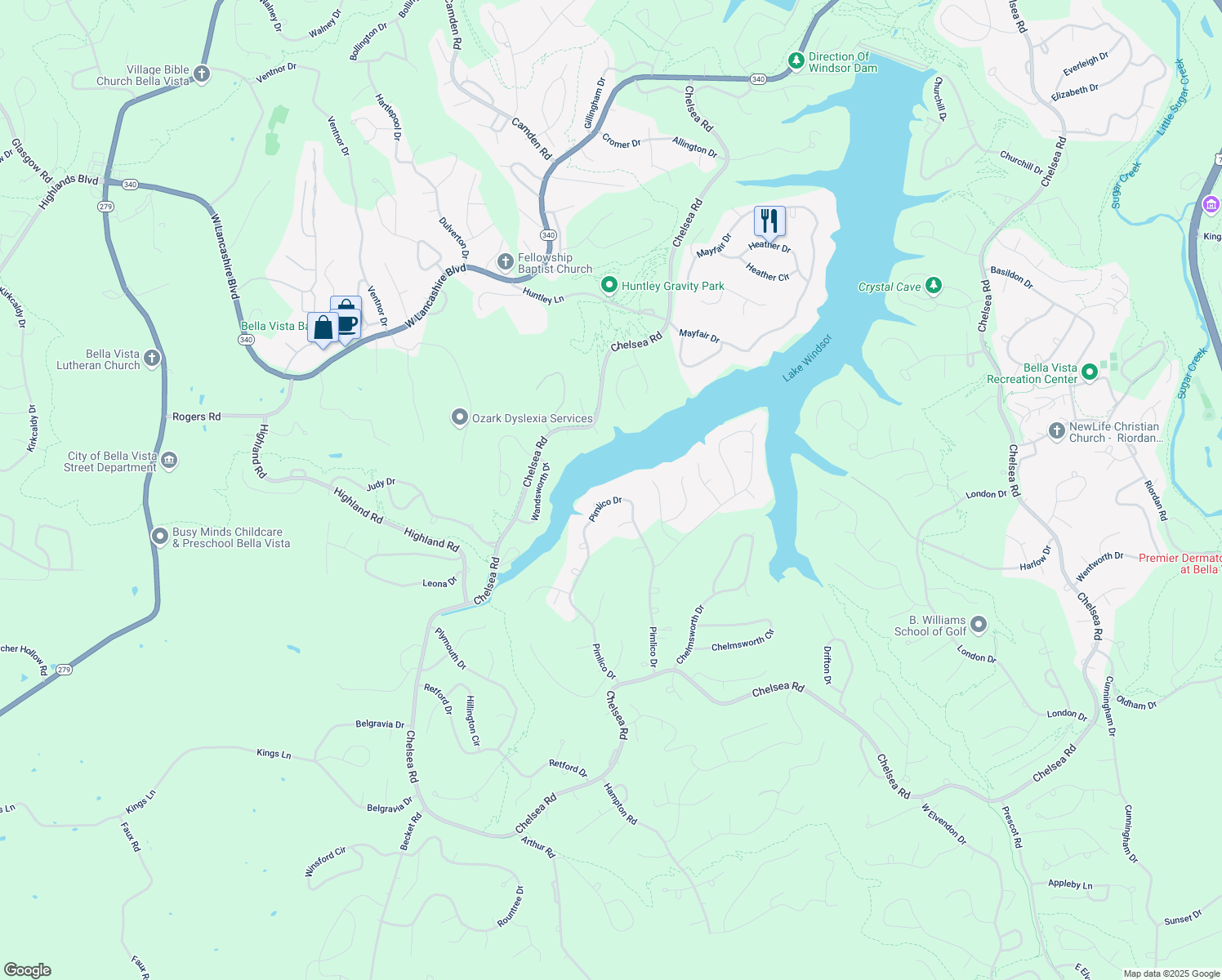 map of restaurants, bars, coffee shops, grocery stores, and more near 54 Pimlico Drive in Bella Vista