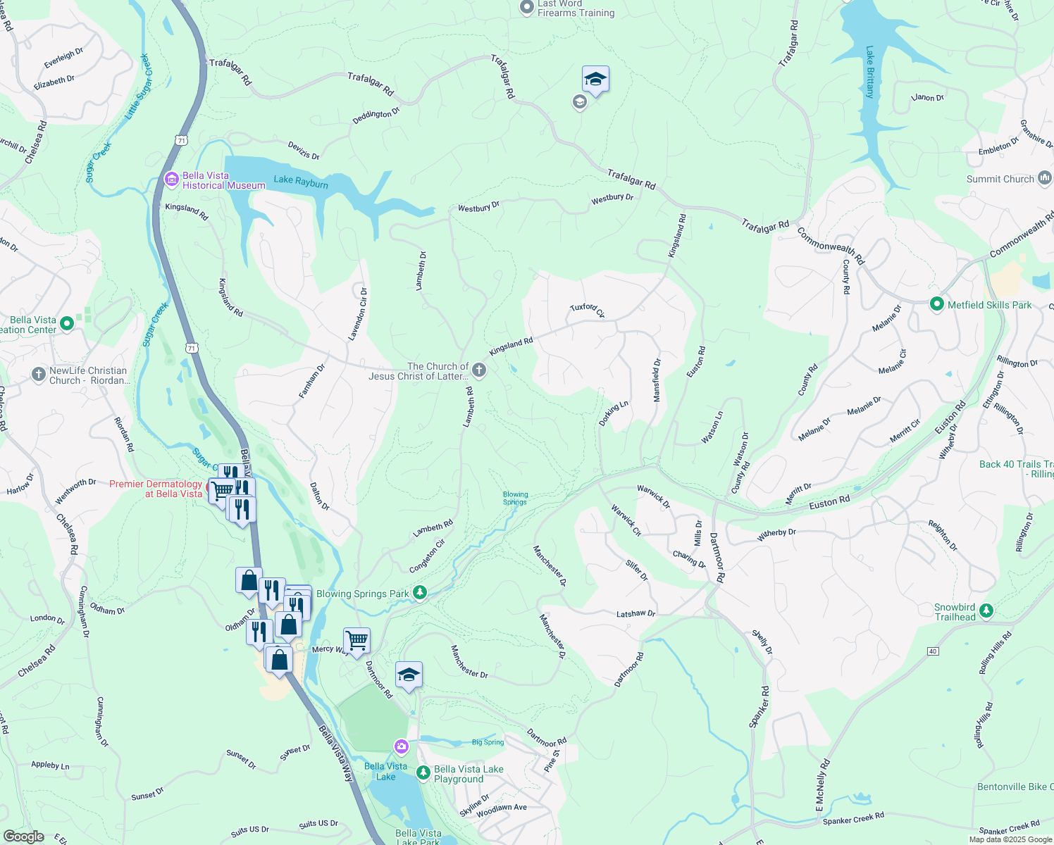 map of restaurants, bars, coffee shops, grocery stores, and more near 20 Kenilworth Drive in Bella Vista