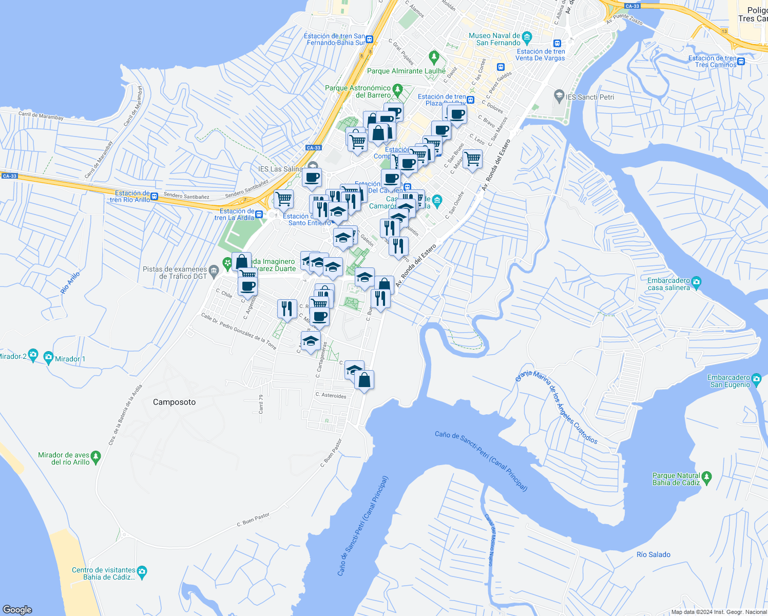 map of restaurants, bars, coffee shops, grocery stores, and more near 50 Avenida Ronda del Estero in San Fernando