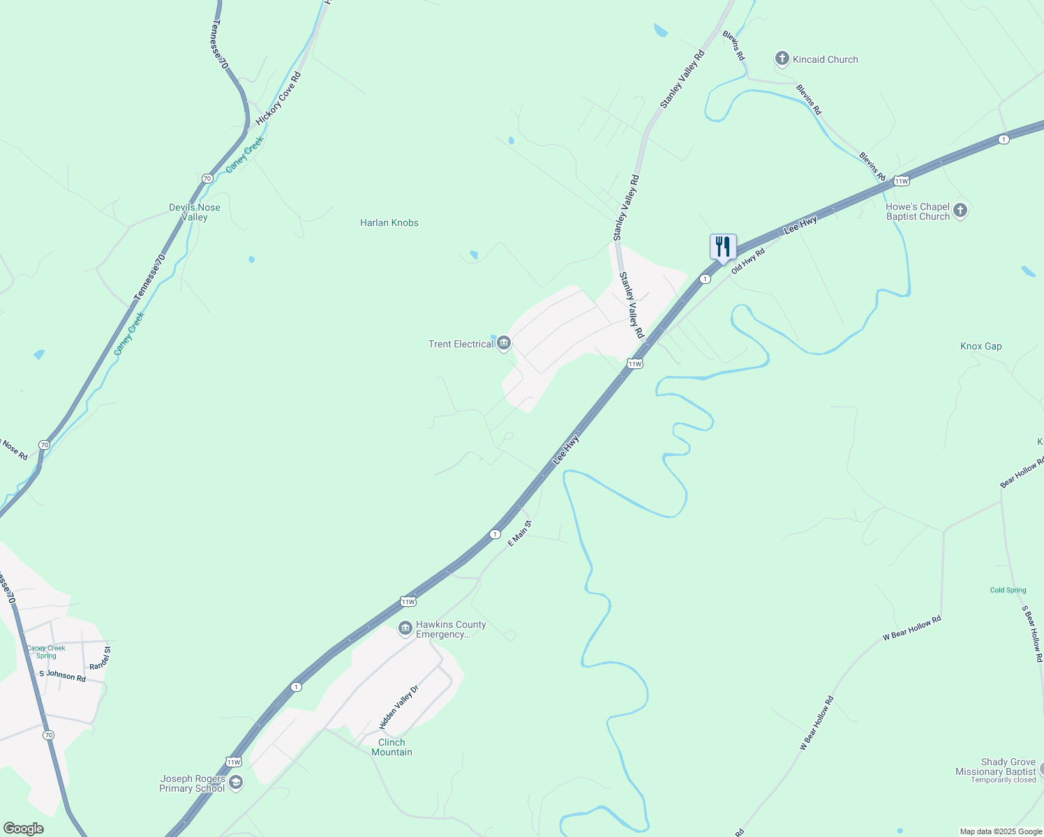 map of restaurants, bars, coffee shops, grocery stores, and more near 200 Harlan Rd in Rogersville