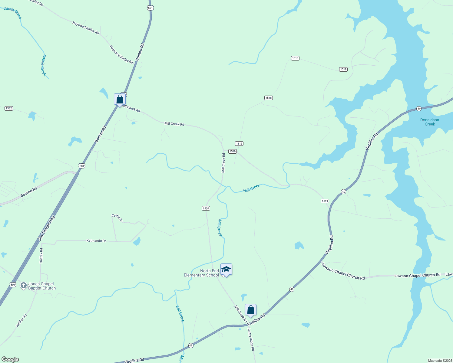 map of restaurants, bars, coffee shops, grocery stores, and more near 1248 Mill Creek Road in Roxboro