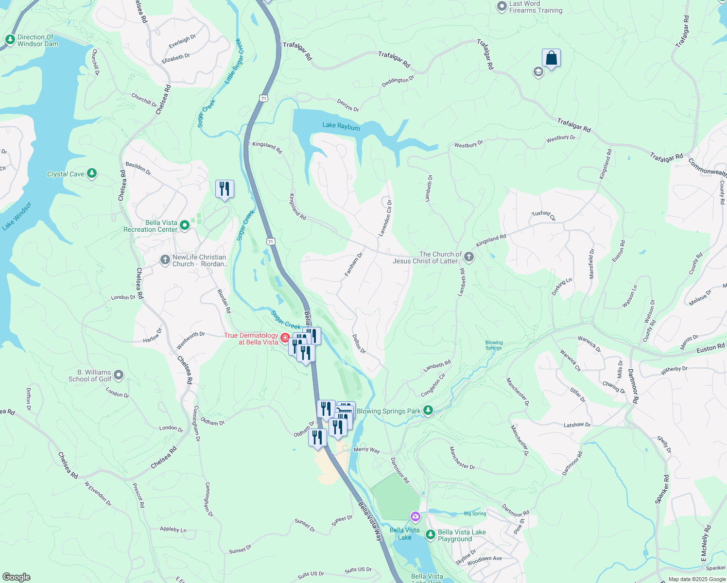 map of restaurants, bars, coffee shops, grocery stores, and more near 17 Chudleigh Ln in Bella Vista