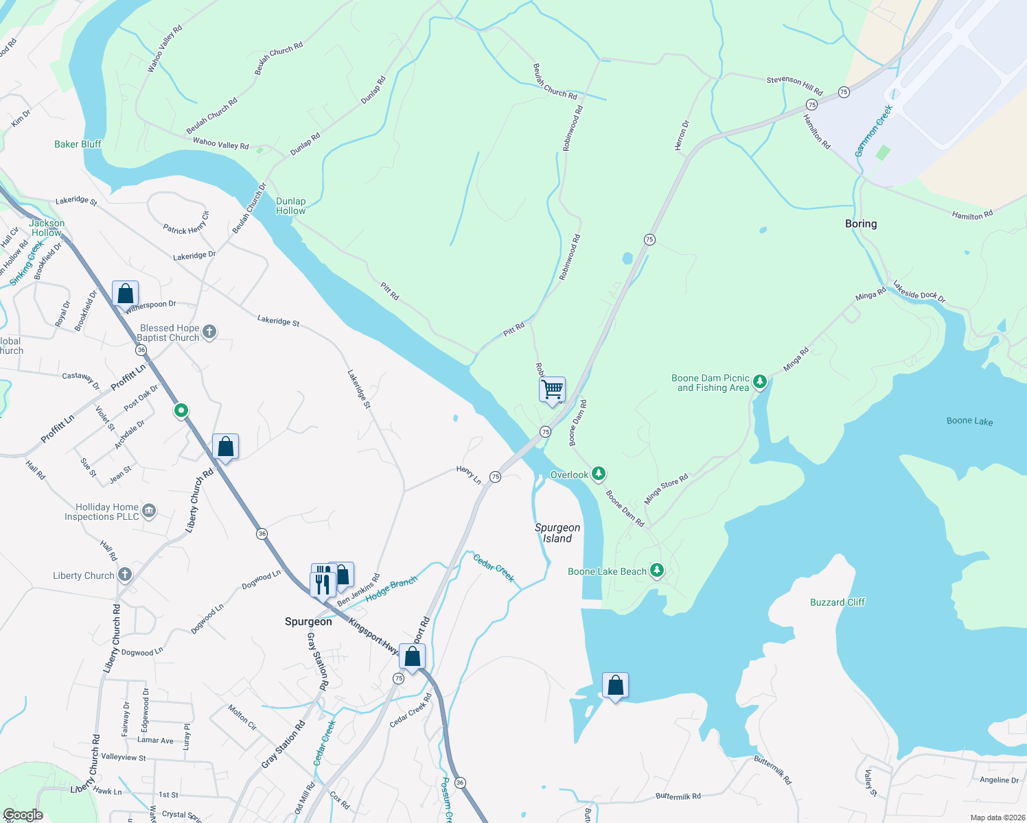 map of restaurants, bars, coffee shops, grocery stores, and more near 136 River Bridge Road in Kingsport