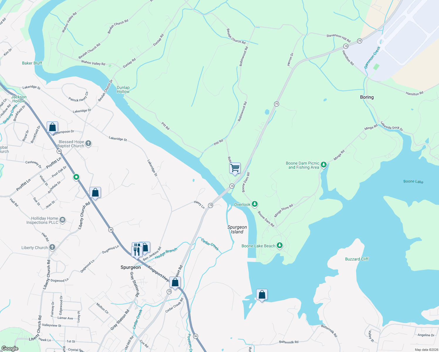 map of restaurants, bars, coffee shops, grocery stores, and more near 136 River Bridge Road in Kingsport
