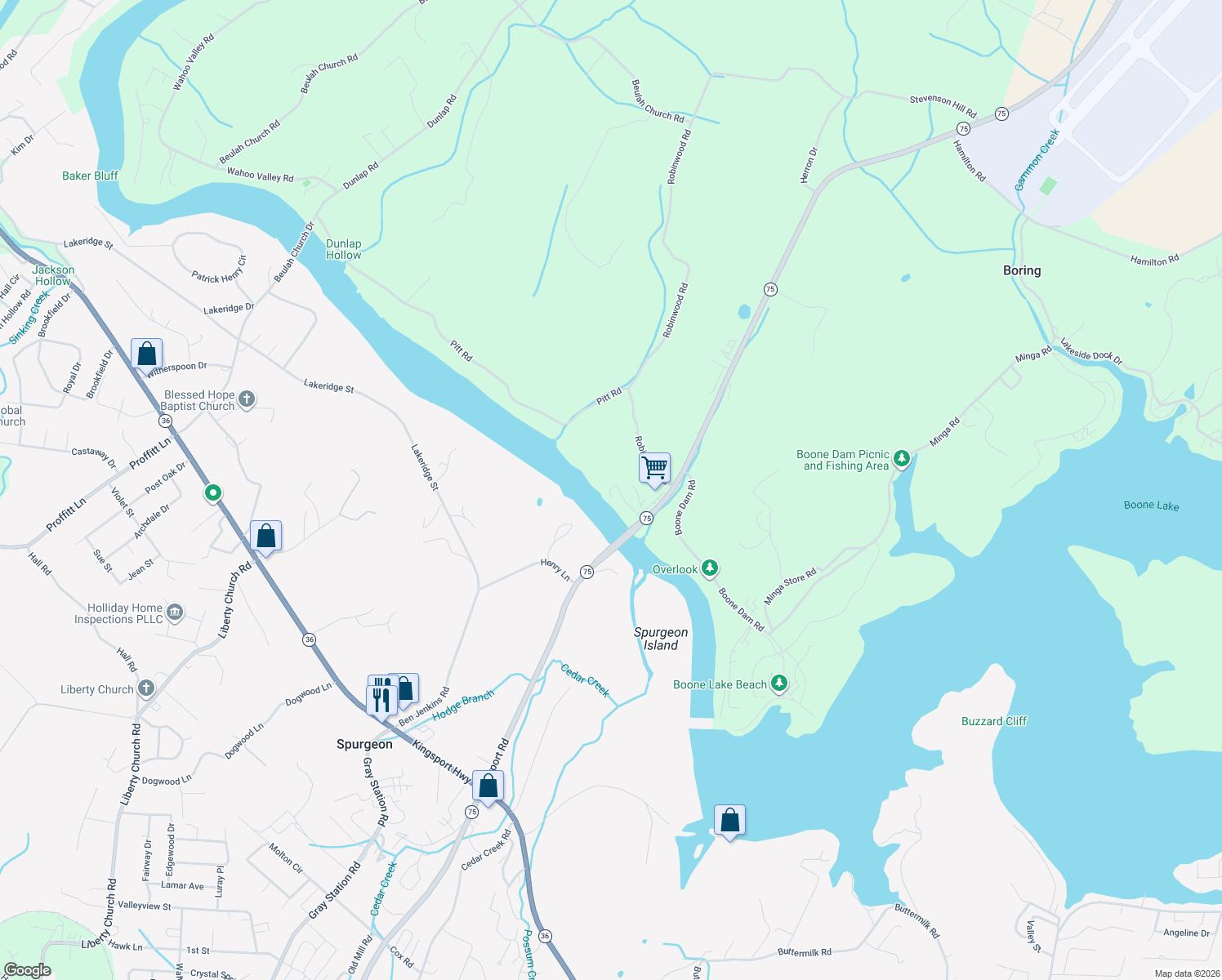 map of restaurants, bars, coffee shops, grocery stores, and more near 136 River Bridge Road in Kingsport