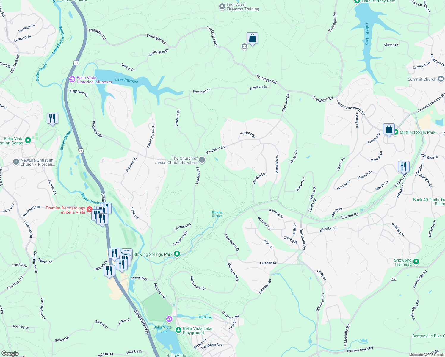 map of restaurants, bars, coffee shops, grocery stores, and more near 20 Kenilworth Drive in Bella Vista