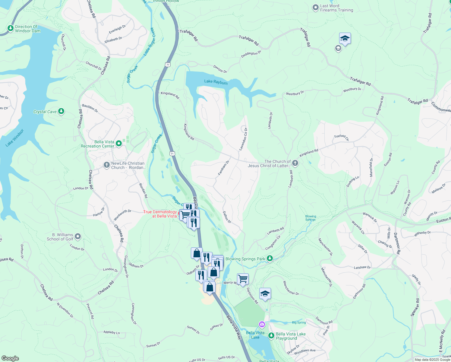 map of restaurants, bars, coffee shops, grocery stores, and more near 17 Chudleigh Lane in Bella Vista
