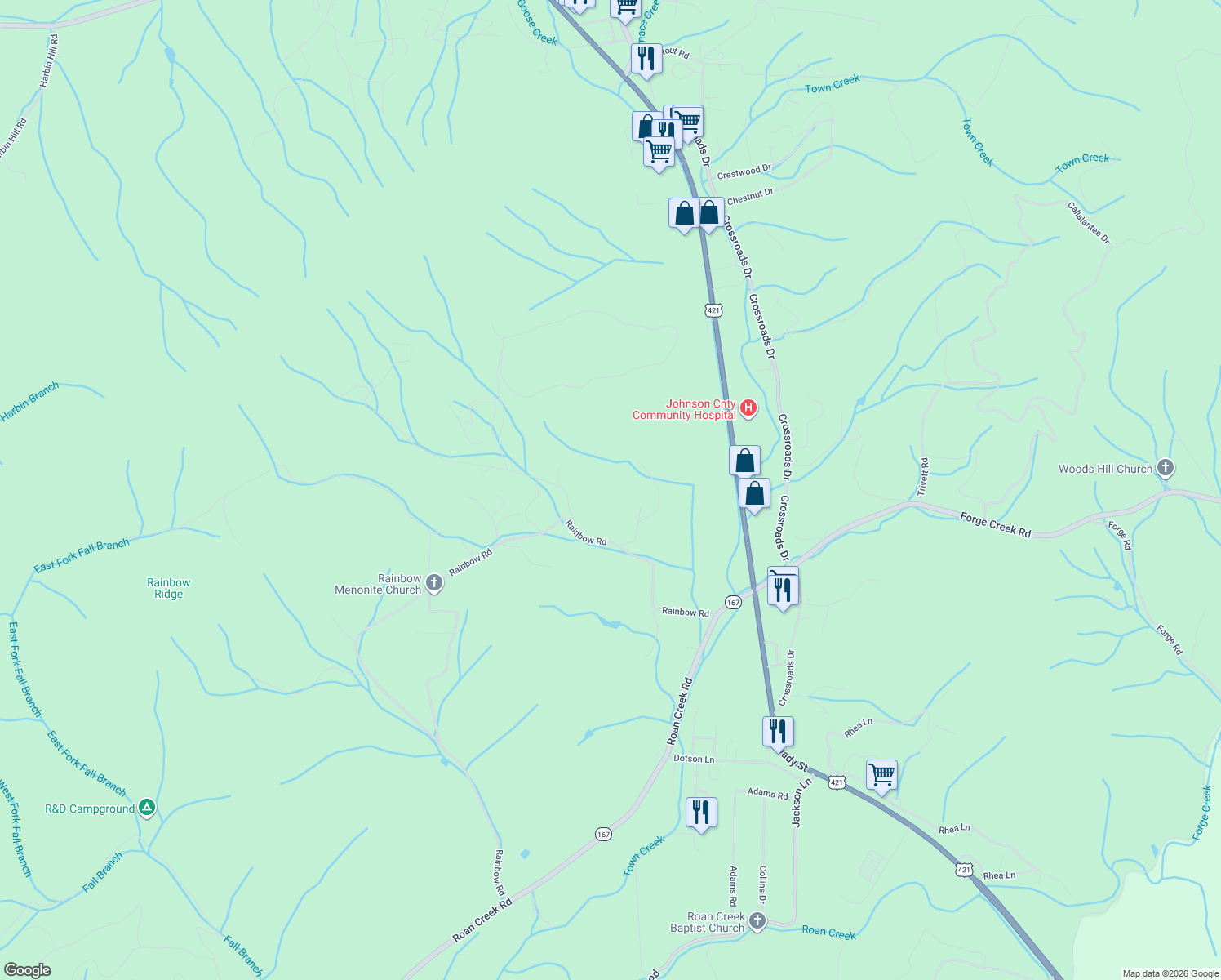 map of restaurants, bars, coffee shops, grocery stores, and more near 542 Rainbow Road in Mountain City