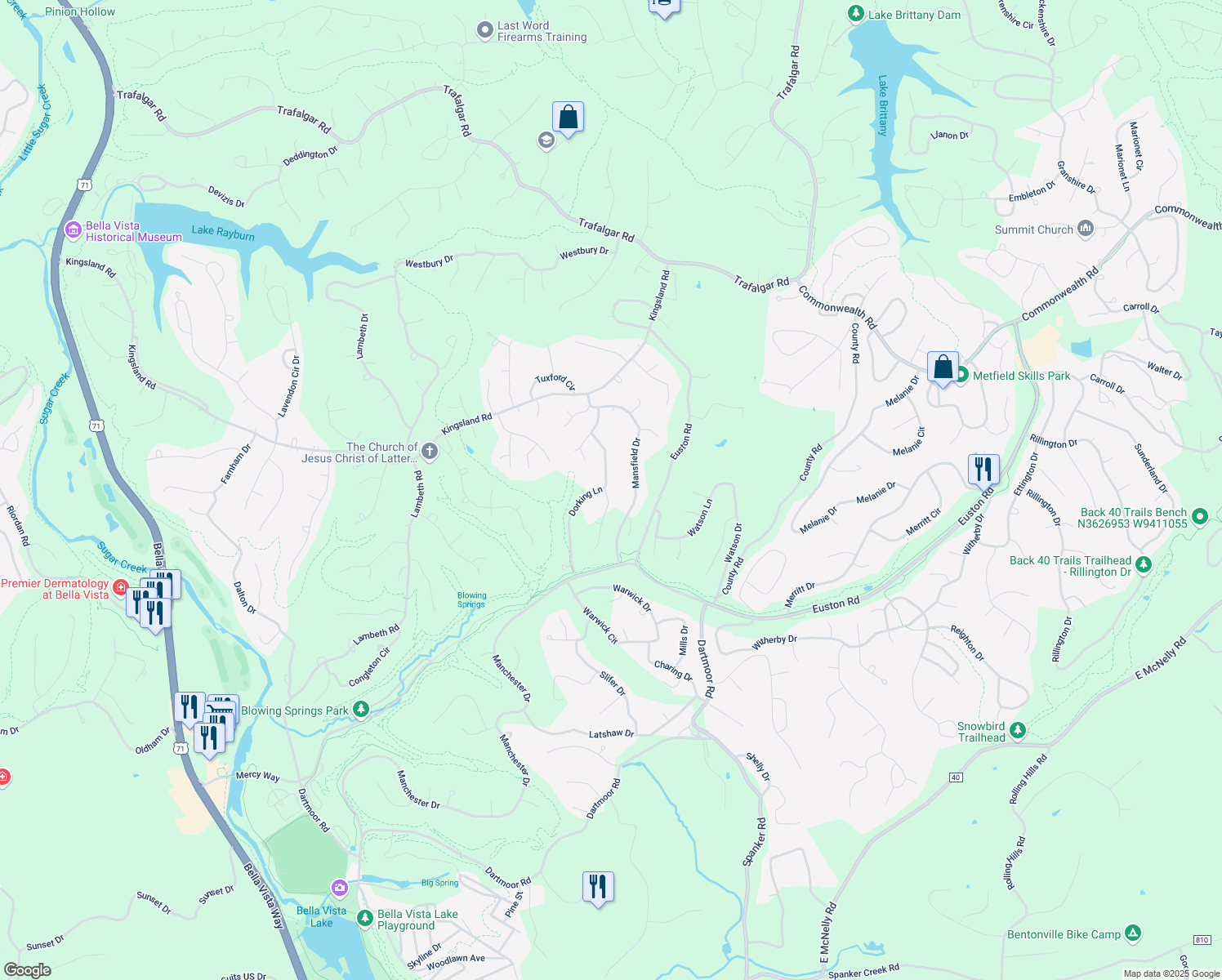 map of restaurants, bars, coffee shops, grocery stores, and more near 28 Mansfield Drive in Bella Vista
