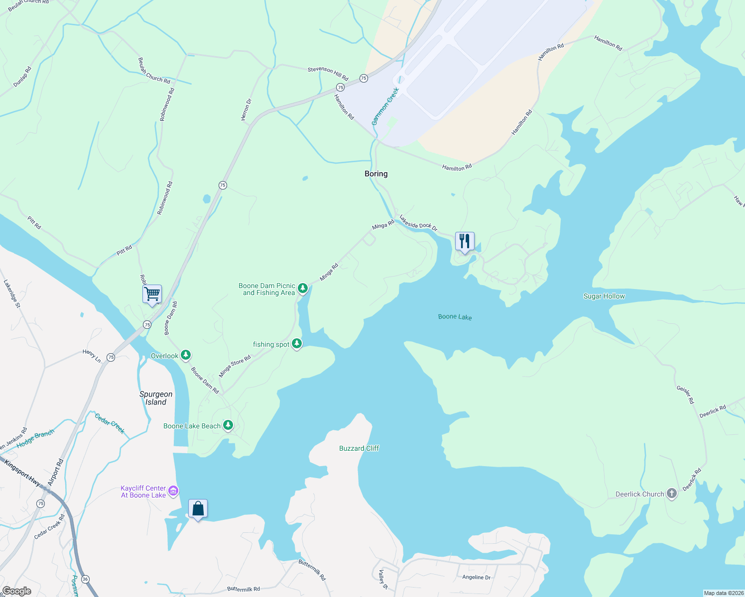 map of restaurants, bars, coffee shops, grocery stores, and more near 427 Minga Road in Kingsport