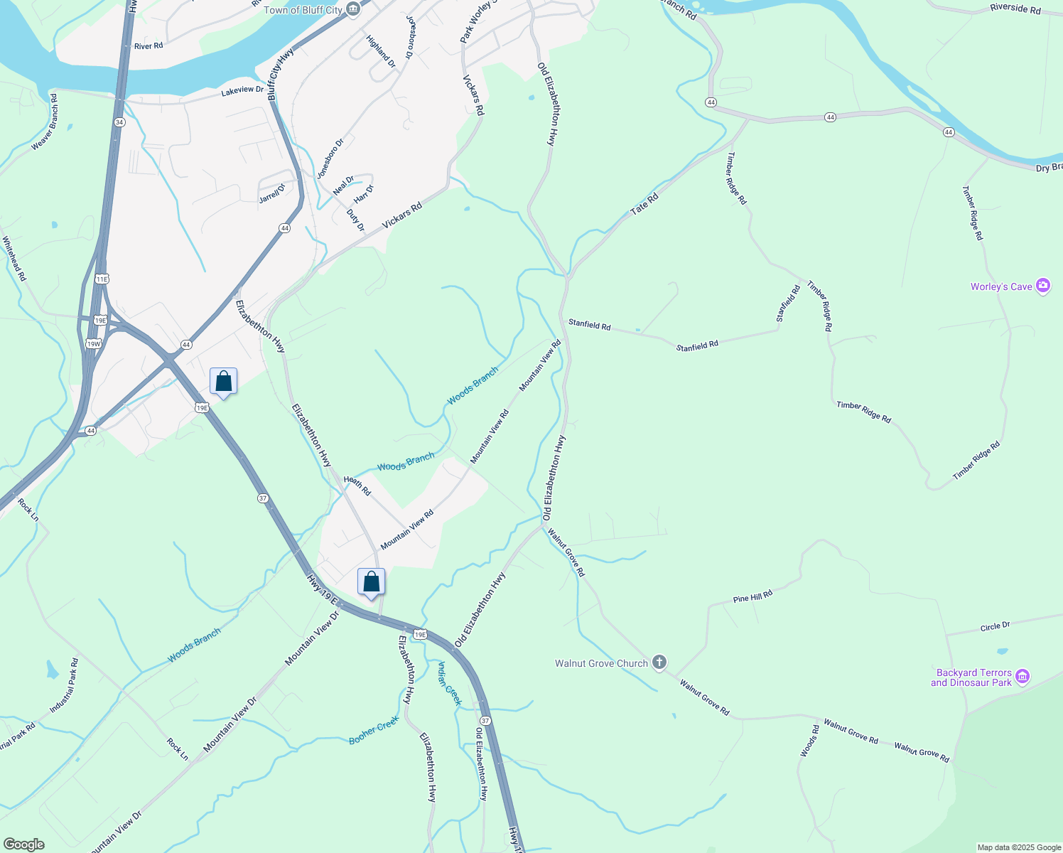 map of restaurants, bars, coffee shops, grocery stores, and more near 319 Mountain View Rd in Bluff City