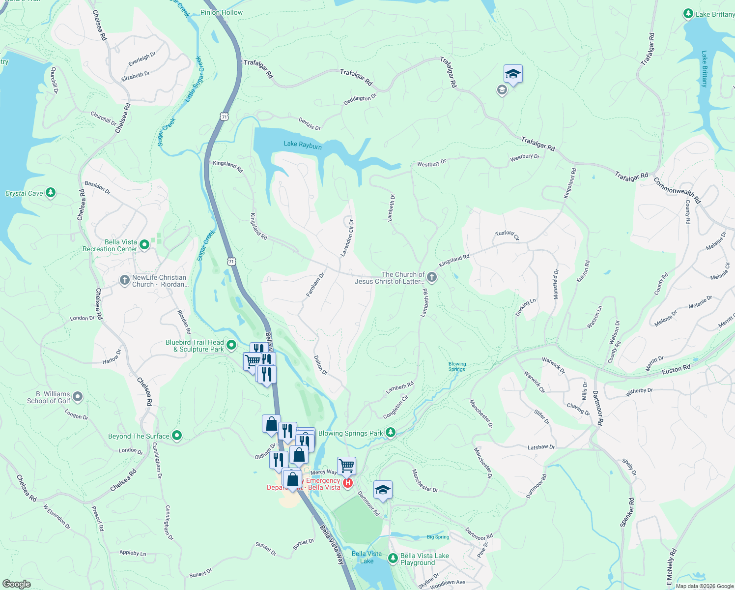map of restaurants, bars, coffee shops, grocery stores, and more near 4 Endon Circle in Bella Vista