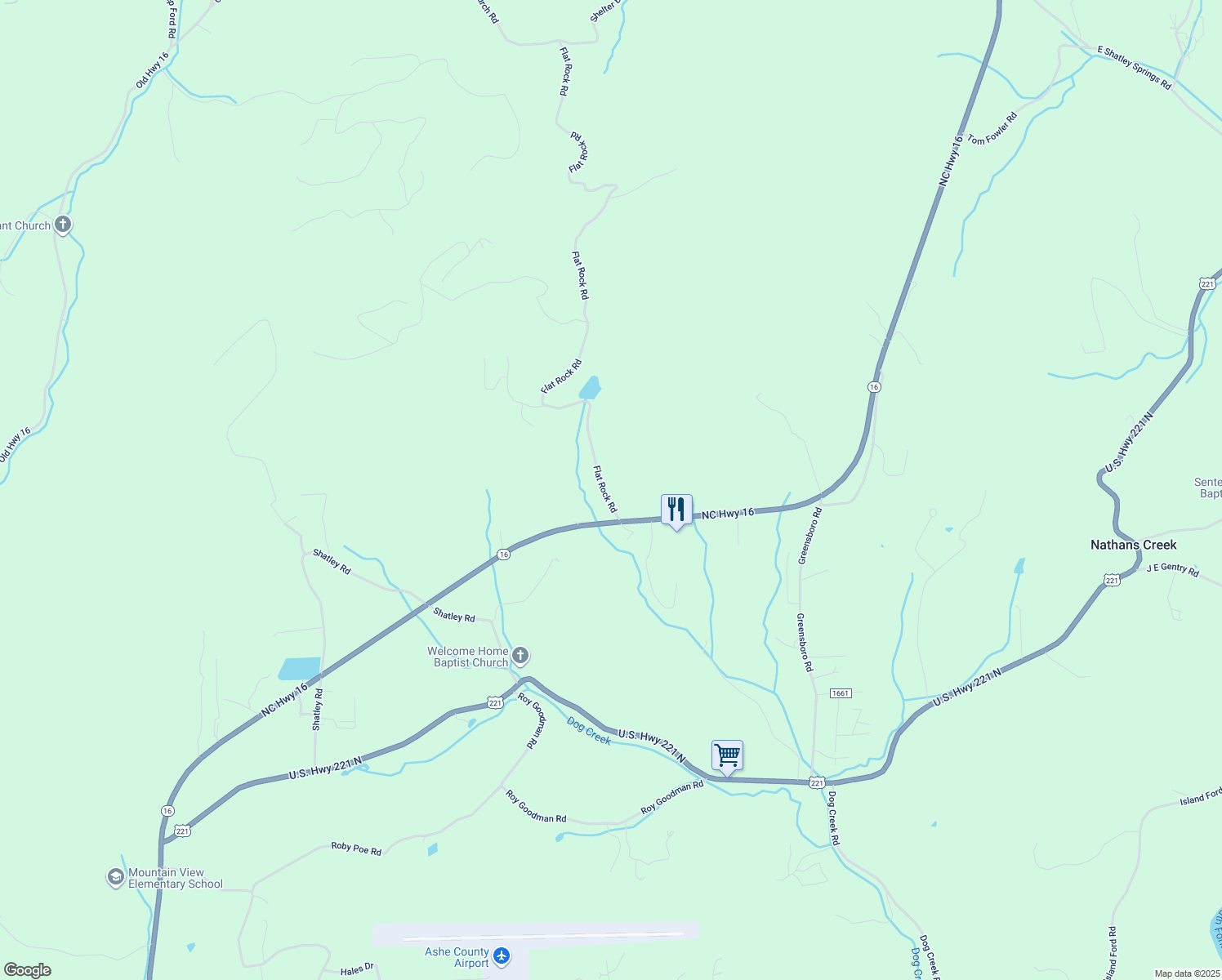 map of restaurants, bars, coffee shops, grocery stores, and more near 200 Flat Rock Road in Crumpler