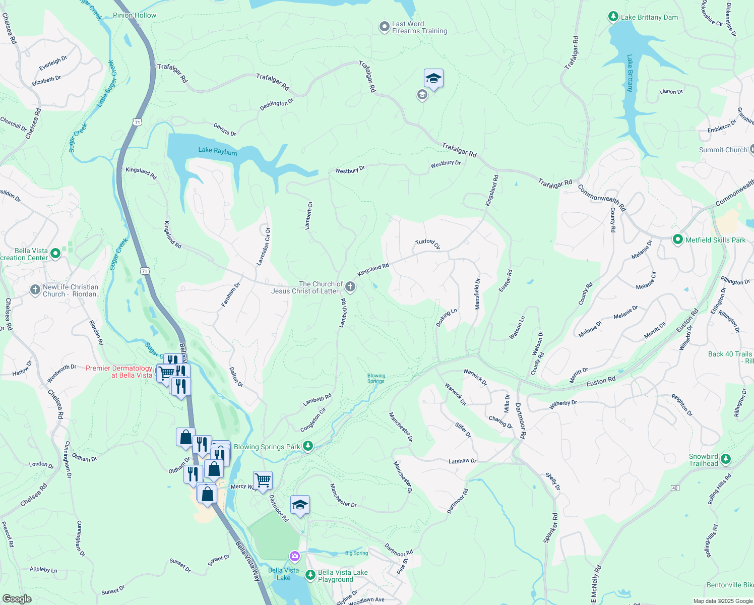 map of restaurants, bars, coffee shops, grocery stores, and more near 4 Sibsey Circle in Bella Vista