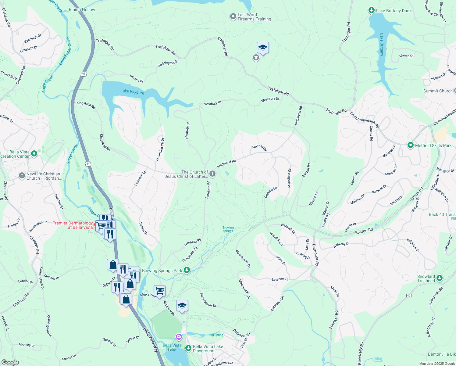 map of restaurants, bars, coffee shops, grocery stores, and more near 4 Sibsey Circle in Bella Vista