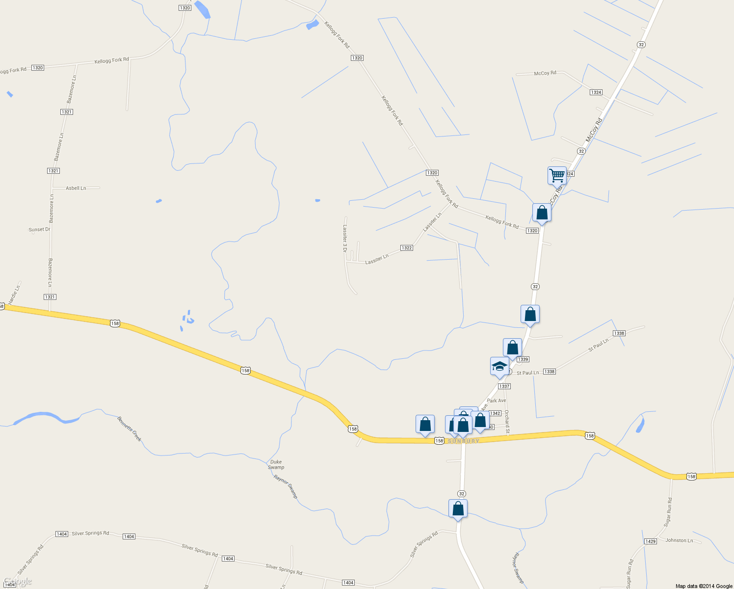 map of restaurants, bars, coffee shops, grocery stores, and more near 161 Lassiter Lane in Sunbury