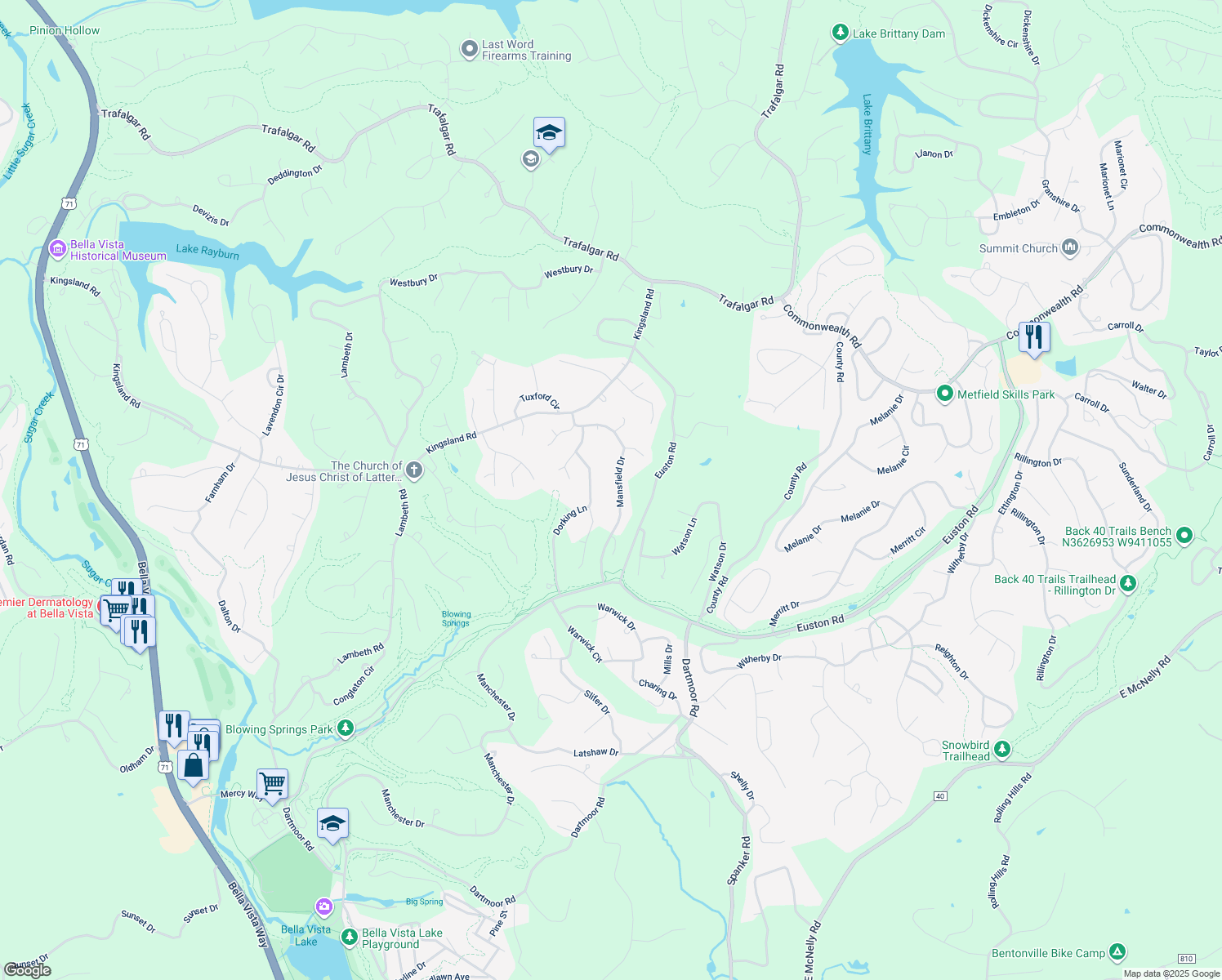 map of restaurants, bars, coffee shops, grocery stores, and more near 28 Mansfield Drive in Bella Vista