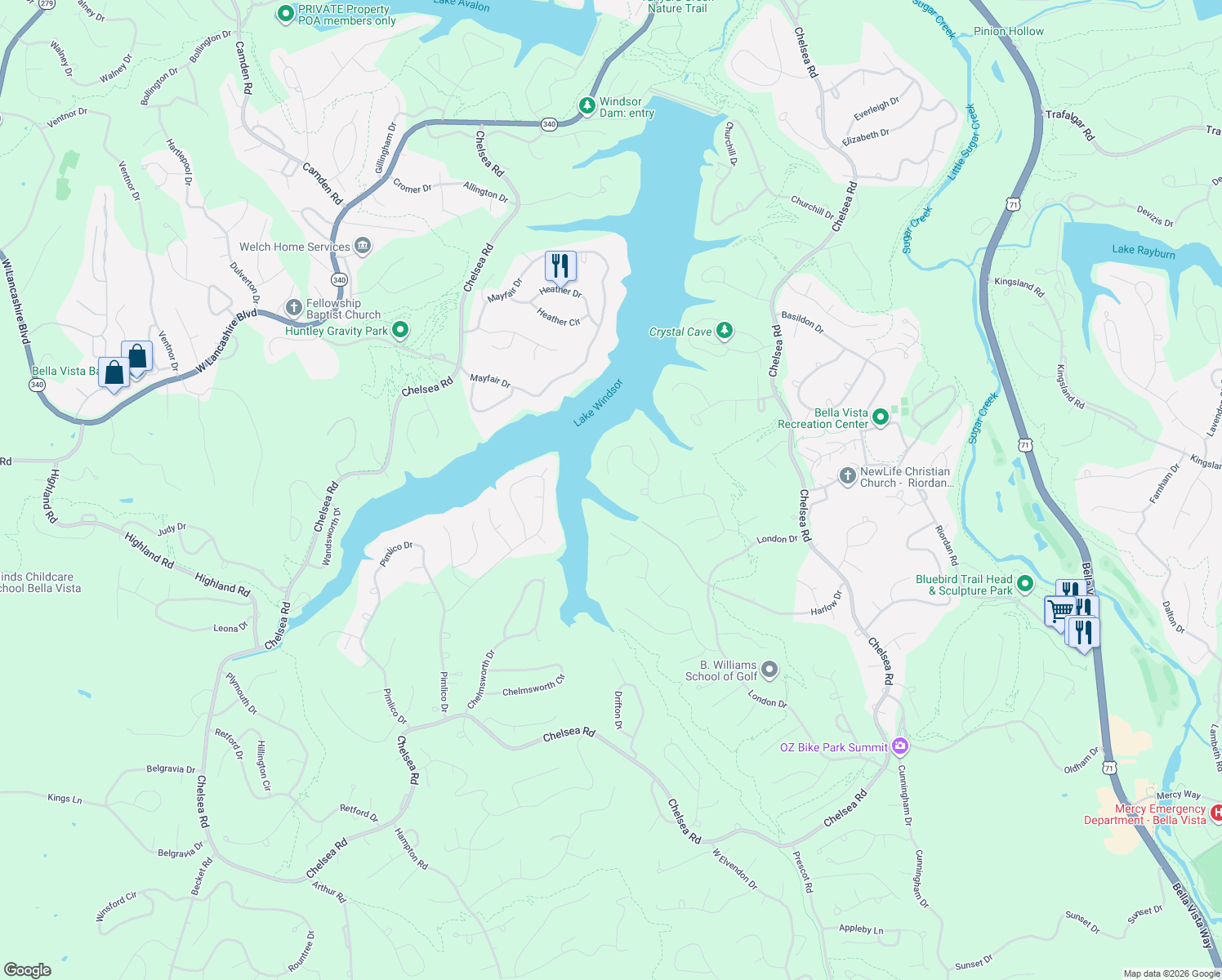 map of restaurants, bars, coffee shops, grocery stores, and more near 70 Kensington Drive in Bella Vista