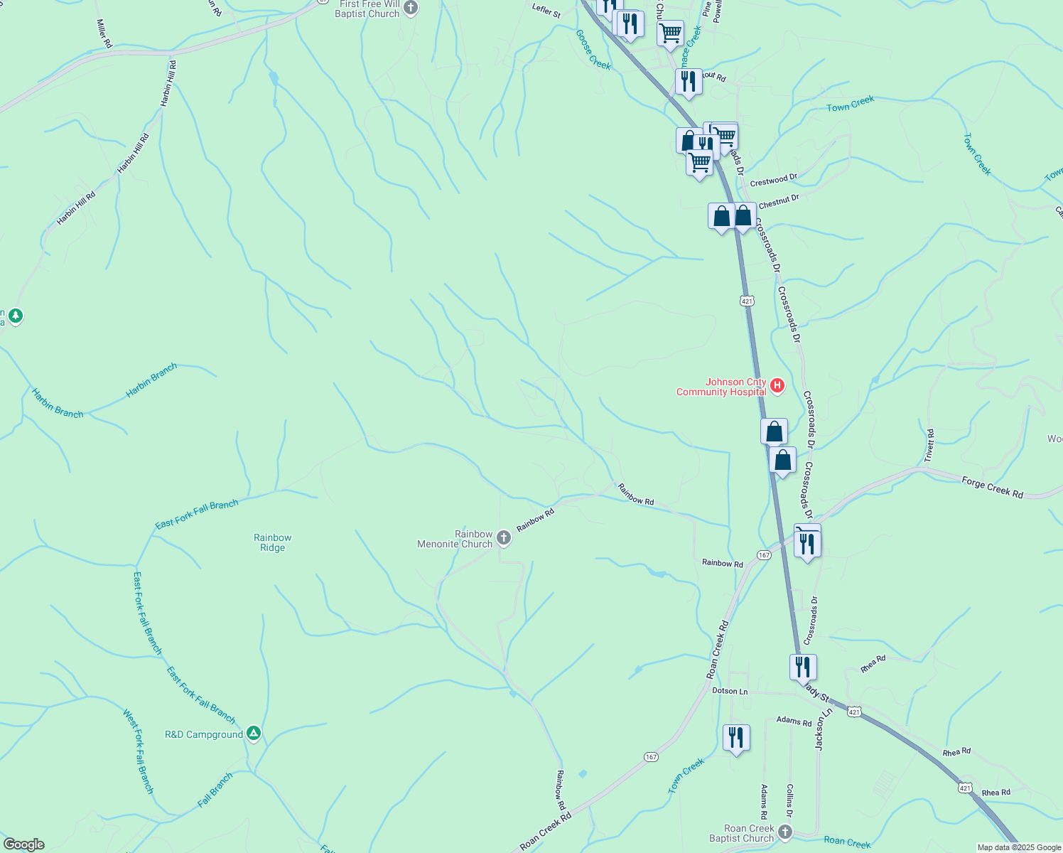 map of restaurants, bars, coffee shops, grocery stores, and more near 557 Moretz Road in Mountain City