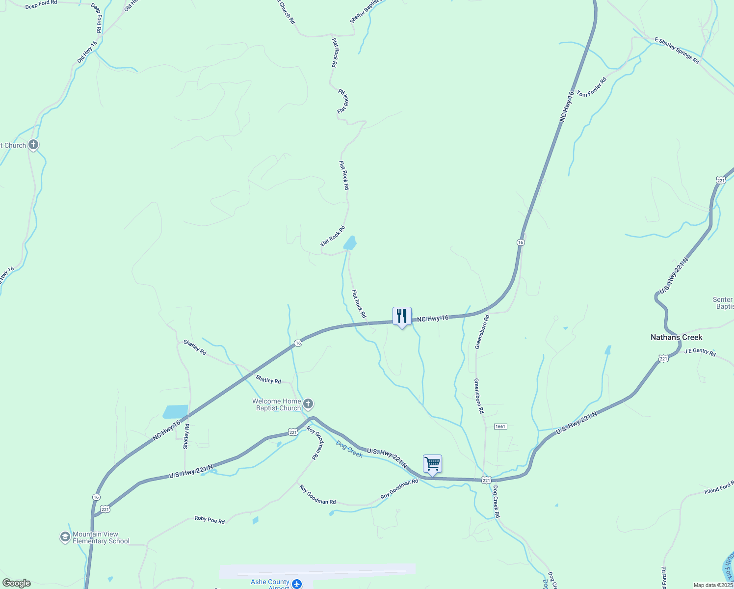 map of restaurants, bars, coffee shops, grocery stores, and more near 496 Flat Rock Road in Crumpler
