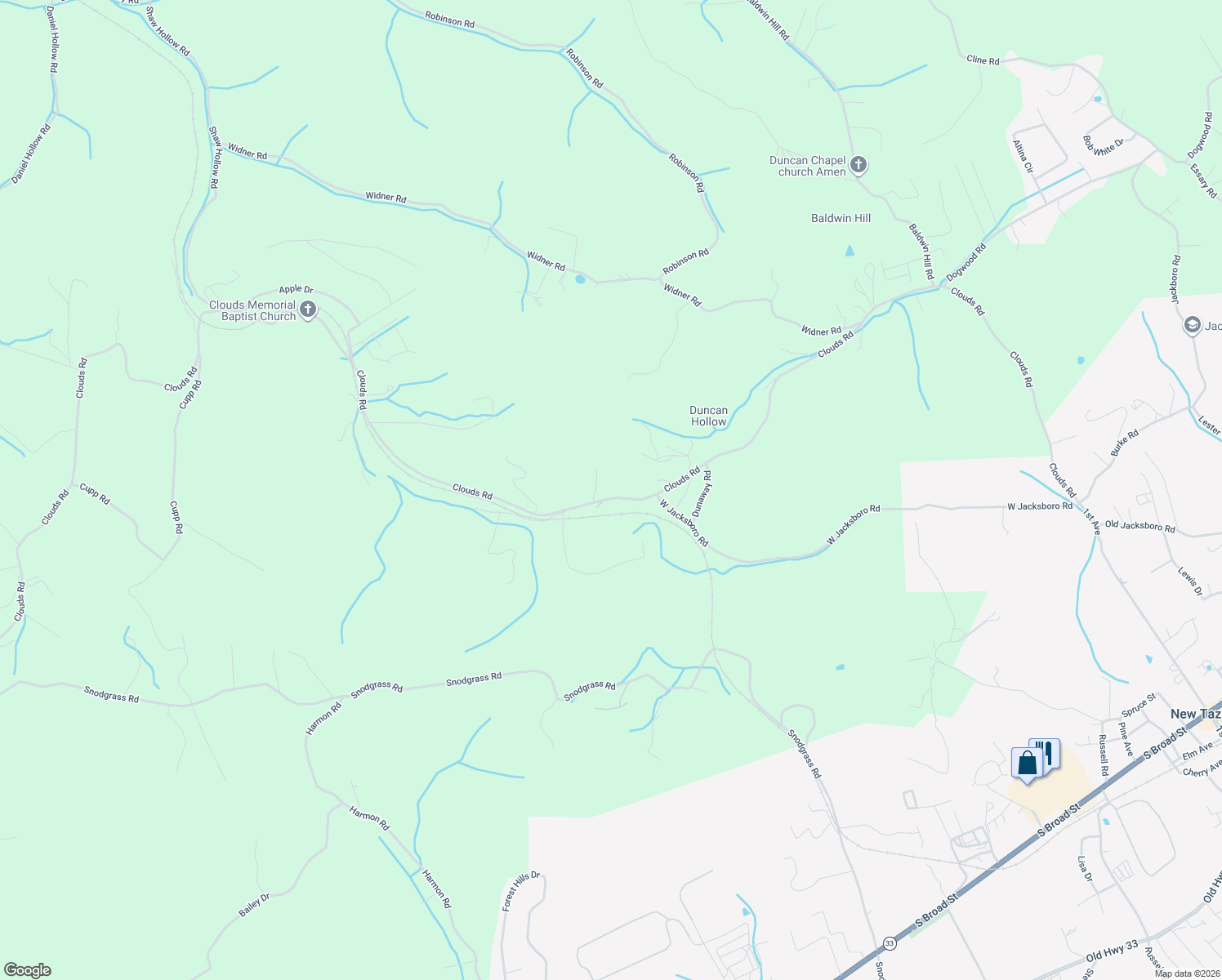 map of restaurants, bars, coffee shops, grocery stores, and more near 2210 Clouds Road in New Tazewell