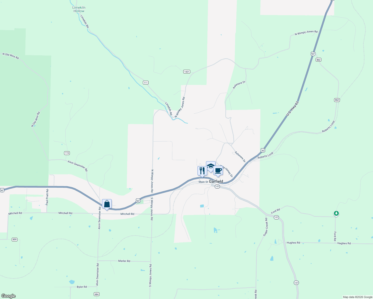 map of restaurants, bars, coffee shops, grocery stores, and more near 18250 Tall Oaks Lane in Garfield
