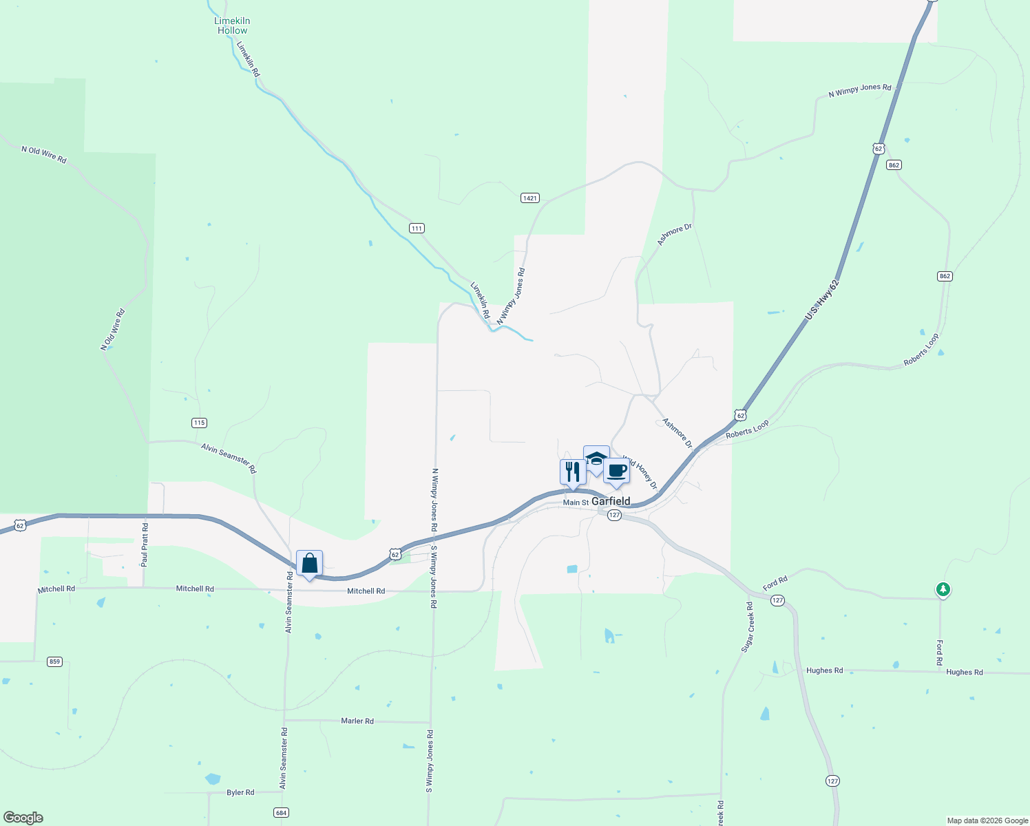 map of restaurants, bars, coffee shops, grocery stores, and more near 18250 Tall Oaks Lane in Garfield
