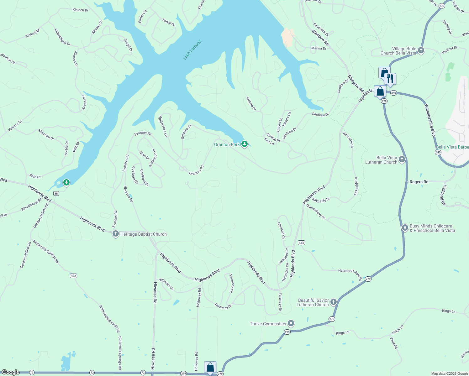 map of restaurants, bars, coffee shops, grocery stores, and more near 10 Granton Lane in Bella Vista
