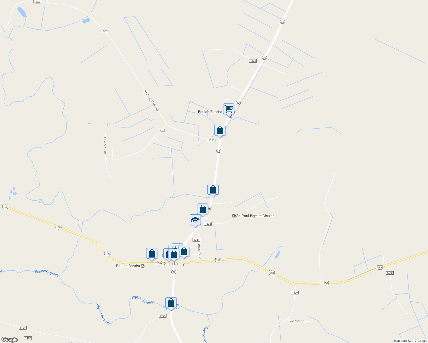 map of restaurants, bars, coffee shops, grocery stores, and more near 178 North Carolina Highway 32 North in Sunbury