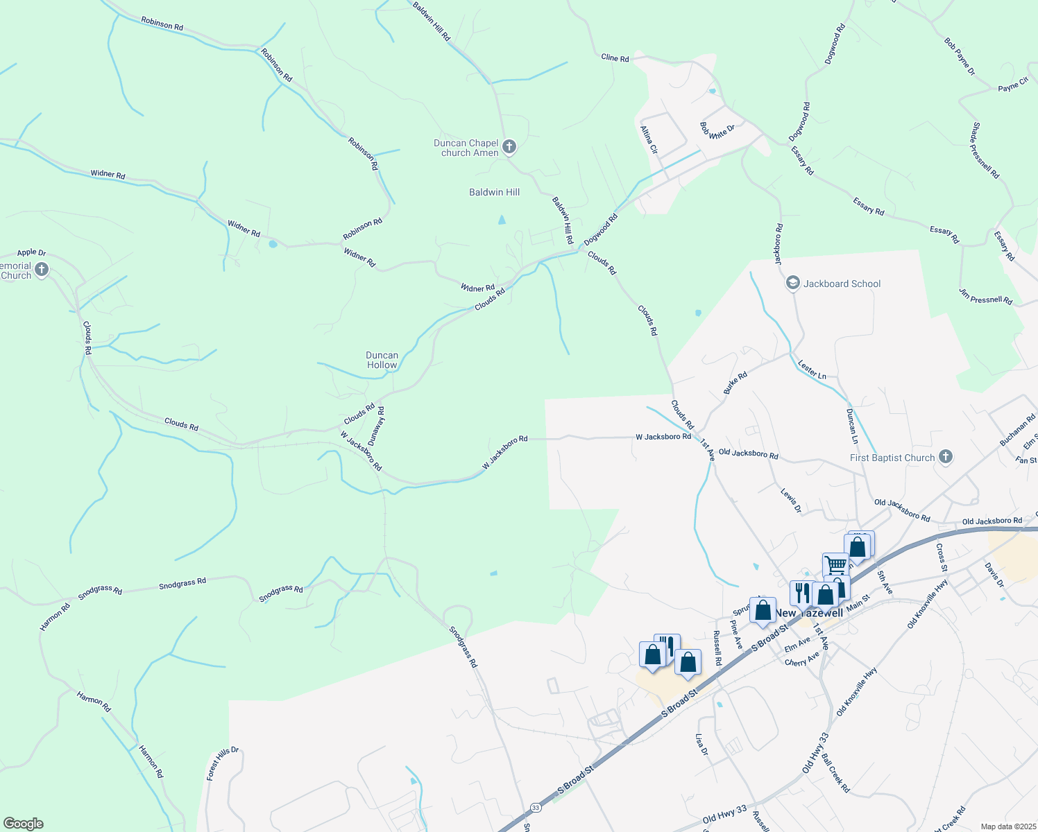 map of restaurants, bars, coffee shops, grocery stores, and more near 802 West Jacksboro Road in New Tazewell