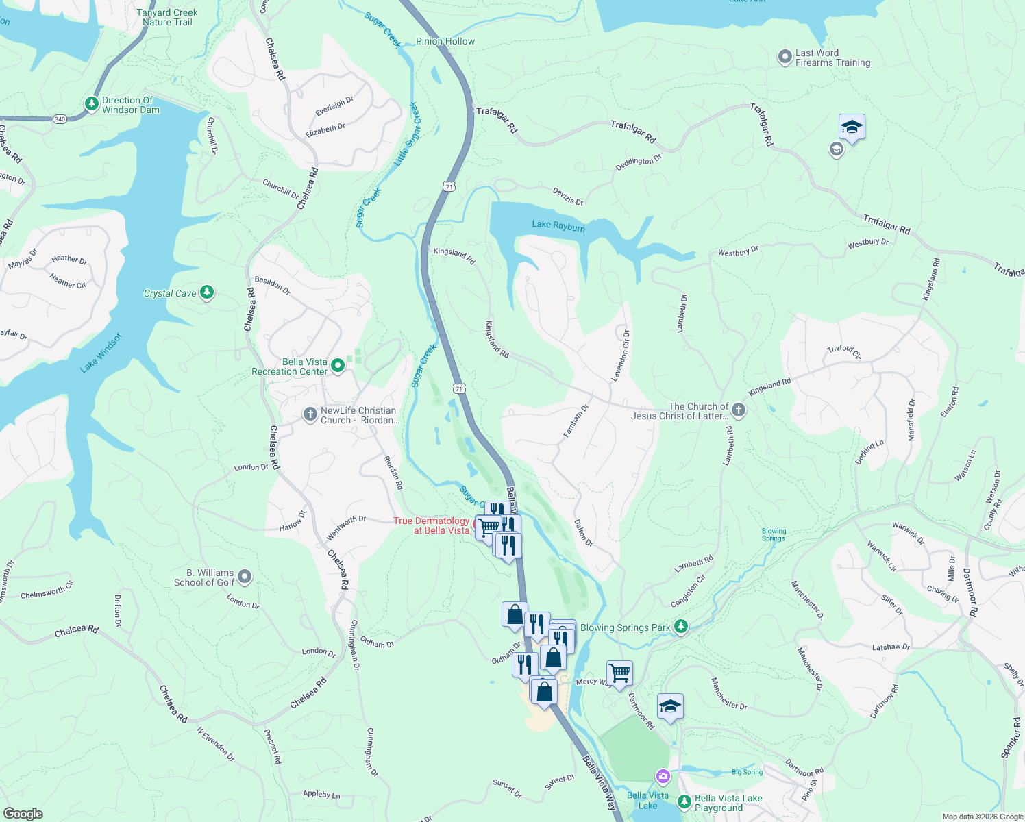 map of restaurants, bars, coffee shops, grocery stores, and more near 4 Claxby Circle in Bella Vista