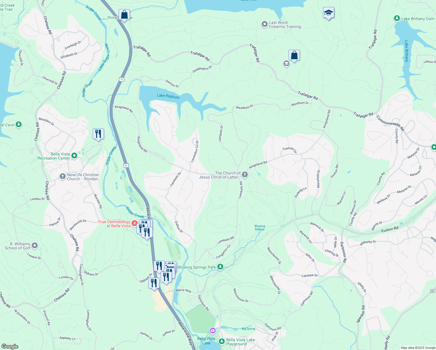 map of restaurants, bars, coffee shops, grocery stores, and more near Kingsland Road in Bella Vista
