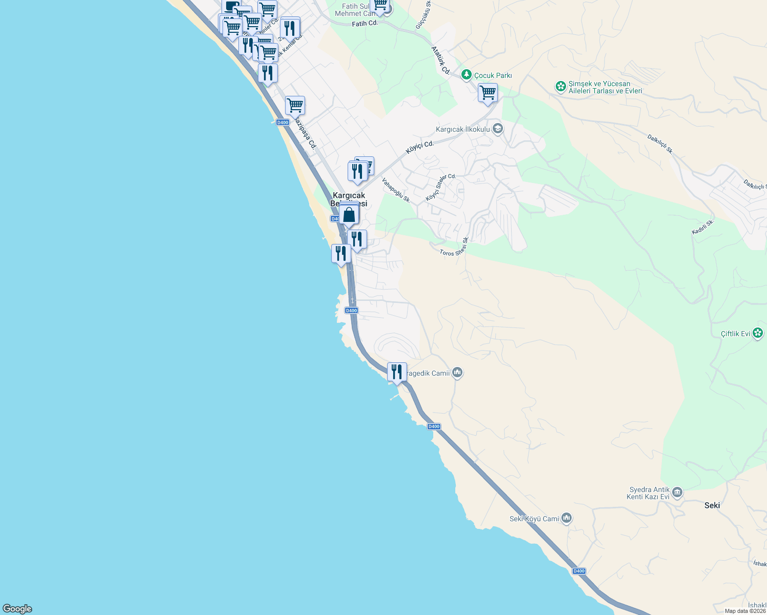 map of restaurants, bars, coffee shops, grocery stores, and more near Altur Sitesi İçi Yolu in Alanya