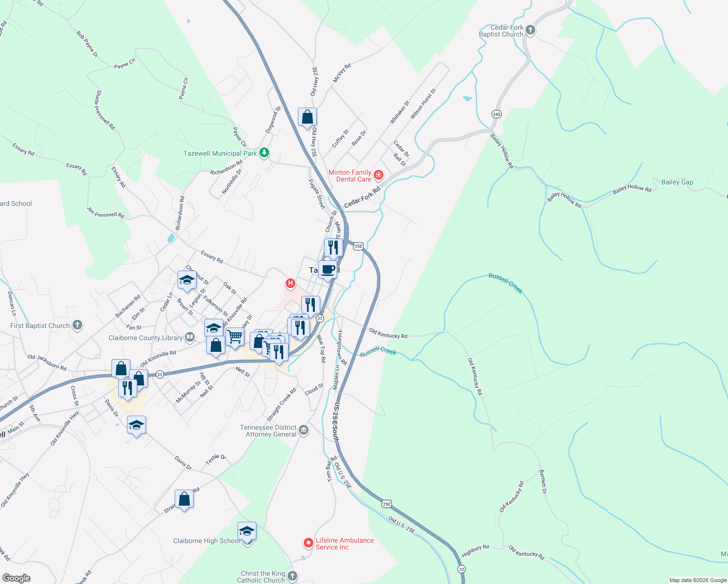 map of restaurants, bars, coffee shops, grocery stores, and more near 1798 Lester Road in Tazewell