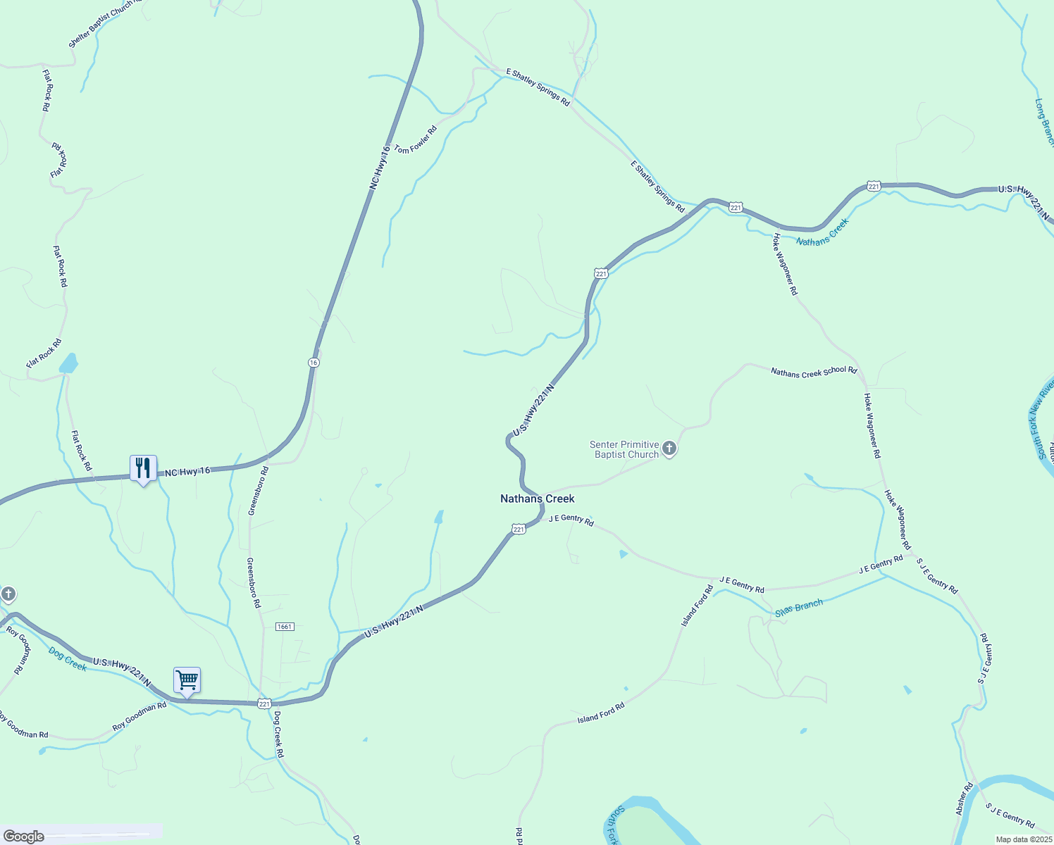 map of restaurants, bars, coffee shops, grocery stores, and more near U.S. 221 North Highway in Crumpler