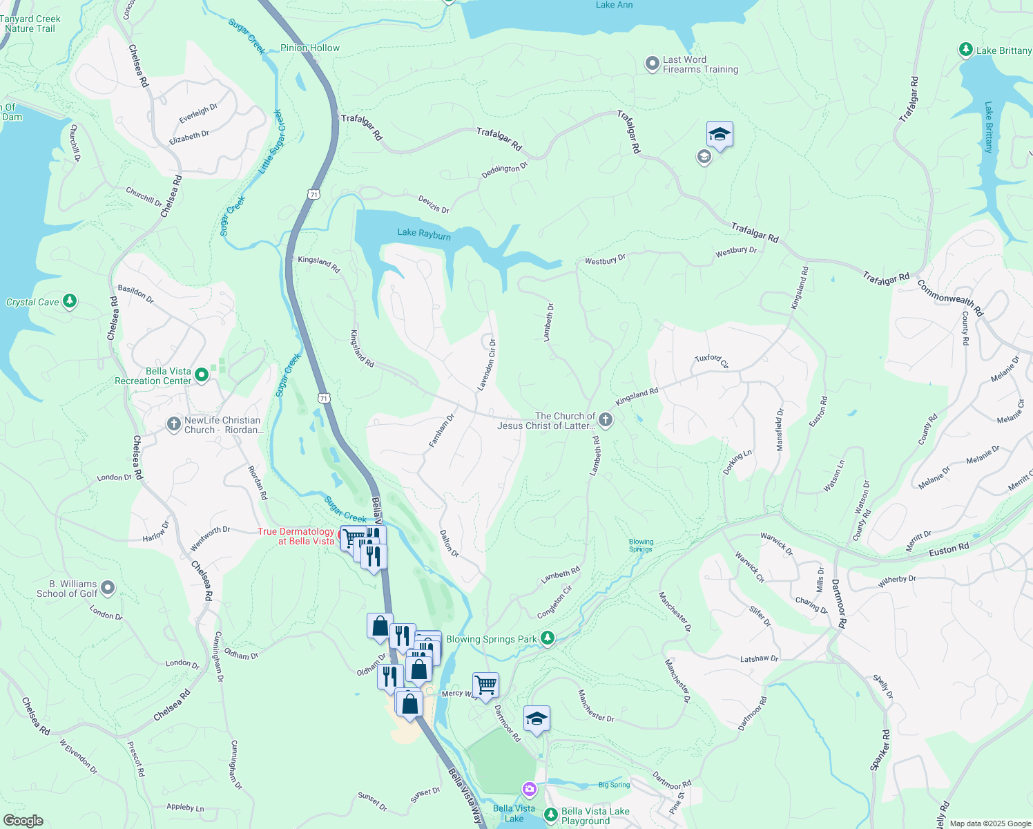 map of restaurants, bars, coffee shops, grocery stores, and more near 3 Donington Lane in Bella Vista