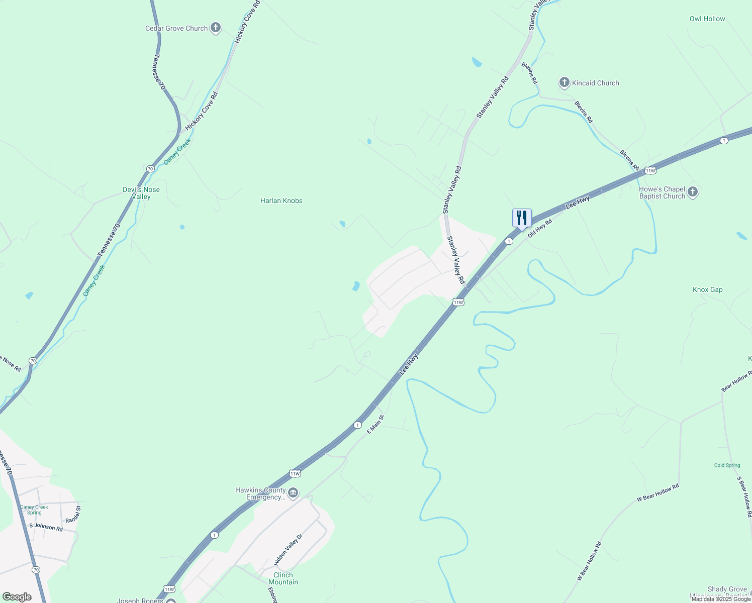 map of restaurants, bars, coffee shops, grocery stores, and more near 148 Cedar Knoll Circle in Rogersville