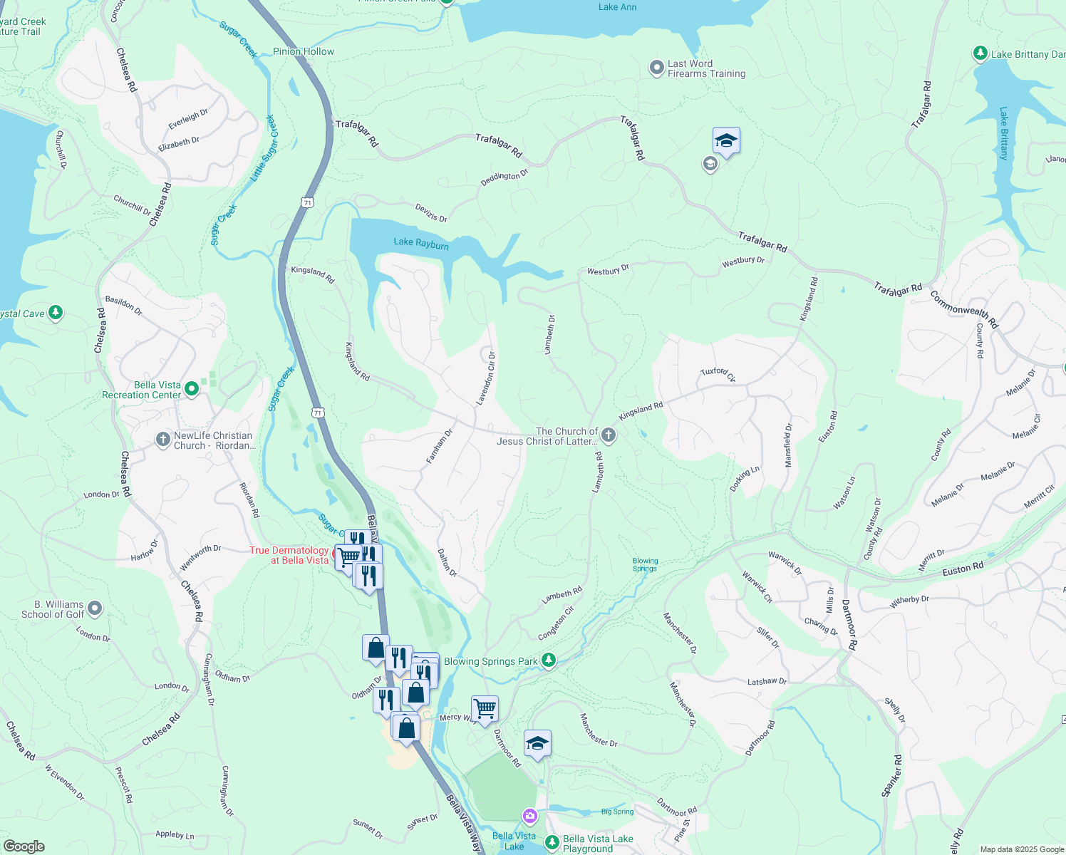 map of restaurants, bars, coffee shops, grocery stores, and more near 3 Donington Lane in Bella Vista
