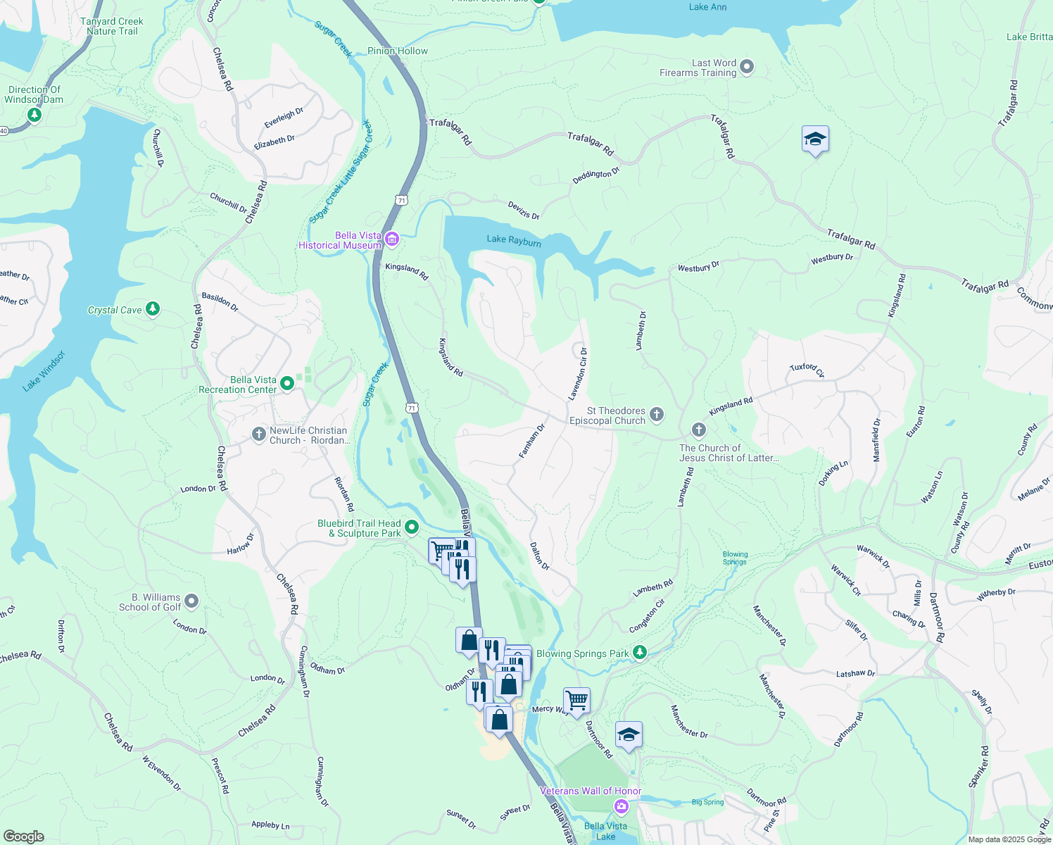 map of restaurants, bars, coffee shops, grocery stores, and more near 4 Lambourn Drive in Bella Vista