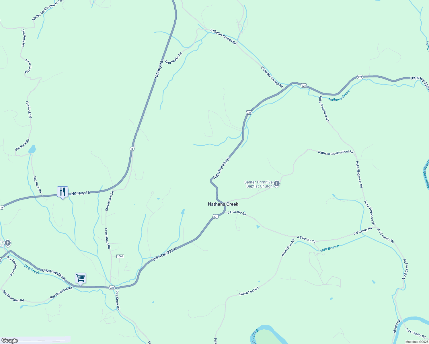 map of restaurants, bars, coffee shops, grocery stores, and more near U.S. 221 North Highway in Crumpler