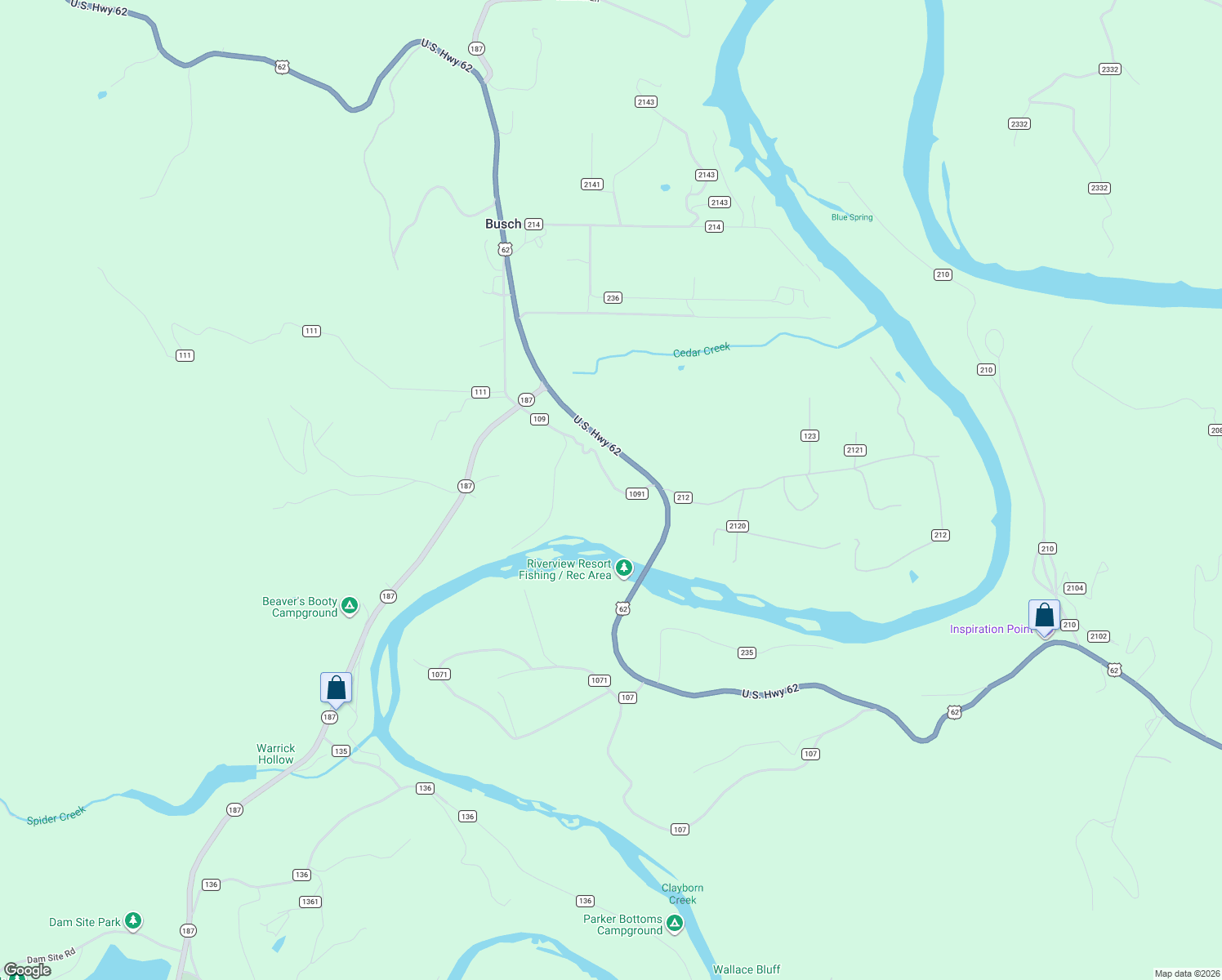map of restaurants, bars, coffee shops, grocery stores, and more near 200-208 County Road 1091 in Eureka Springs