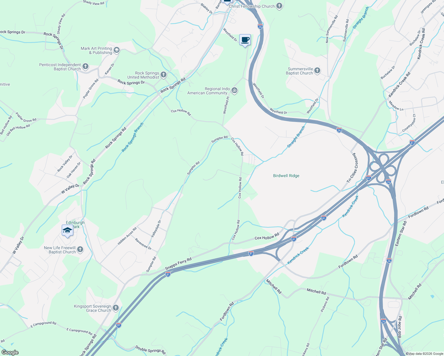 map of restaurants, bars, coffee shops, grocery stores, and more near 632 Cox Hollow Road in Kingsport