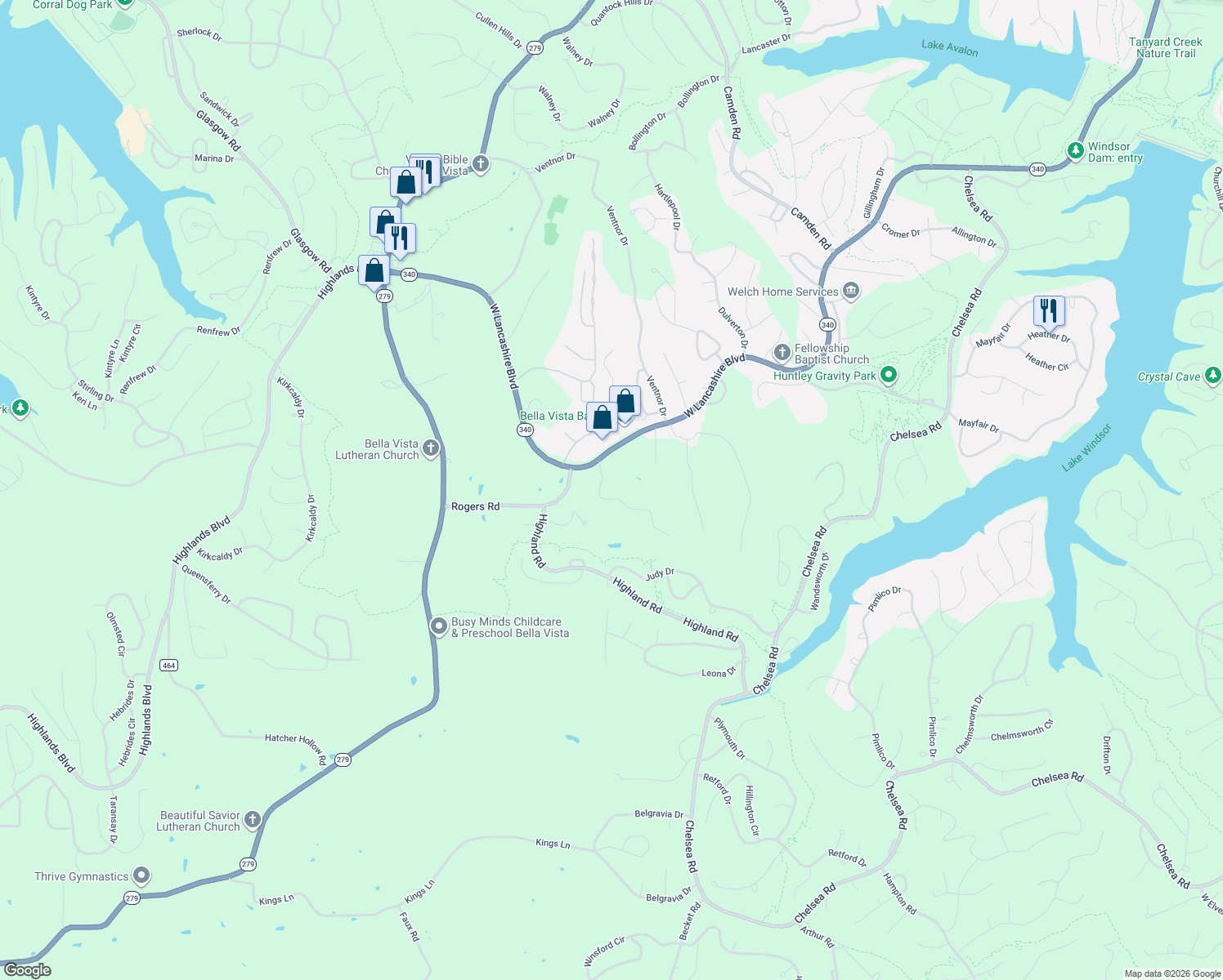 map of restaurants, bars, coffee shops, grocery stores, and more near 14828 Oak Hill Road in Bella Vista