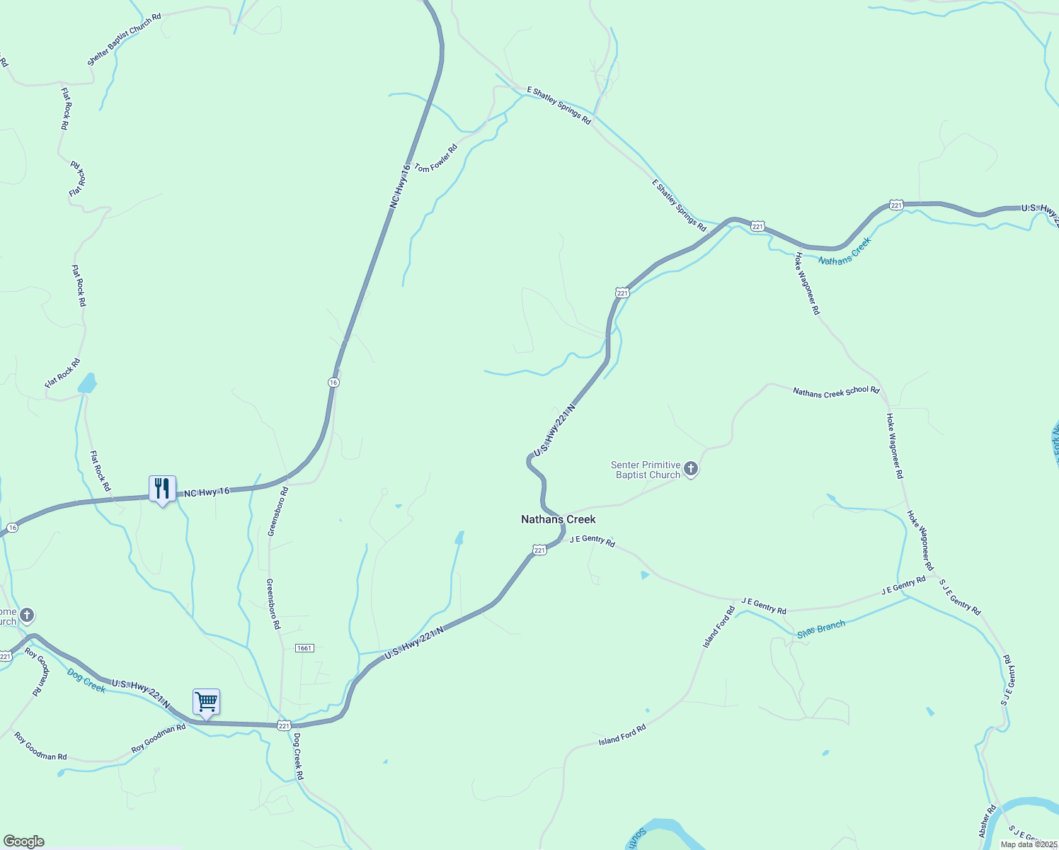 map of restaurants, bars, coffee shops, grocery stores, and more near 6687 U.S. Highway 221 North in Crumpler