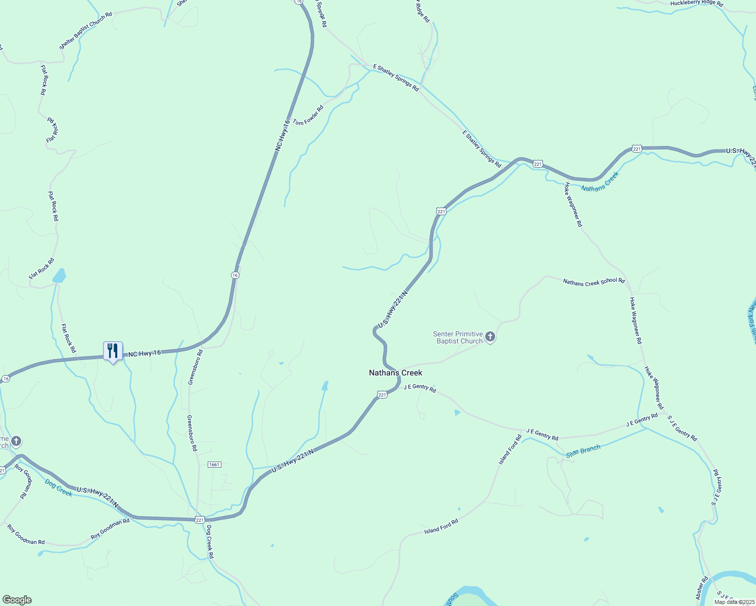 map of restaurants, bars, coffee shops, grocery stores, and more near 6687 U.S. Highway 221 North in Crumpler