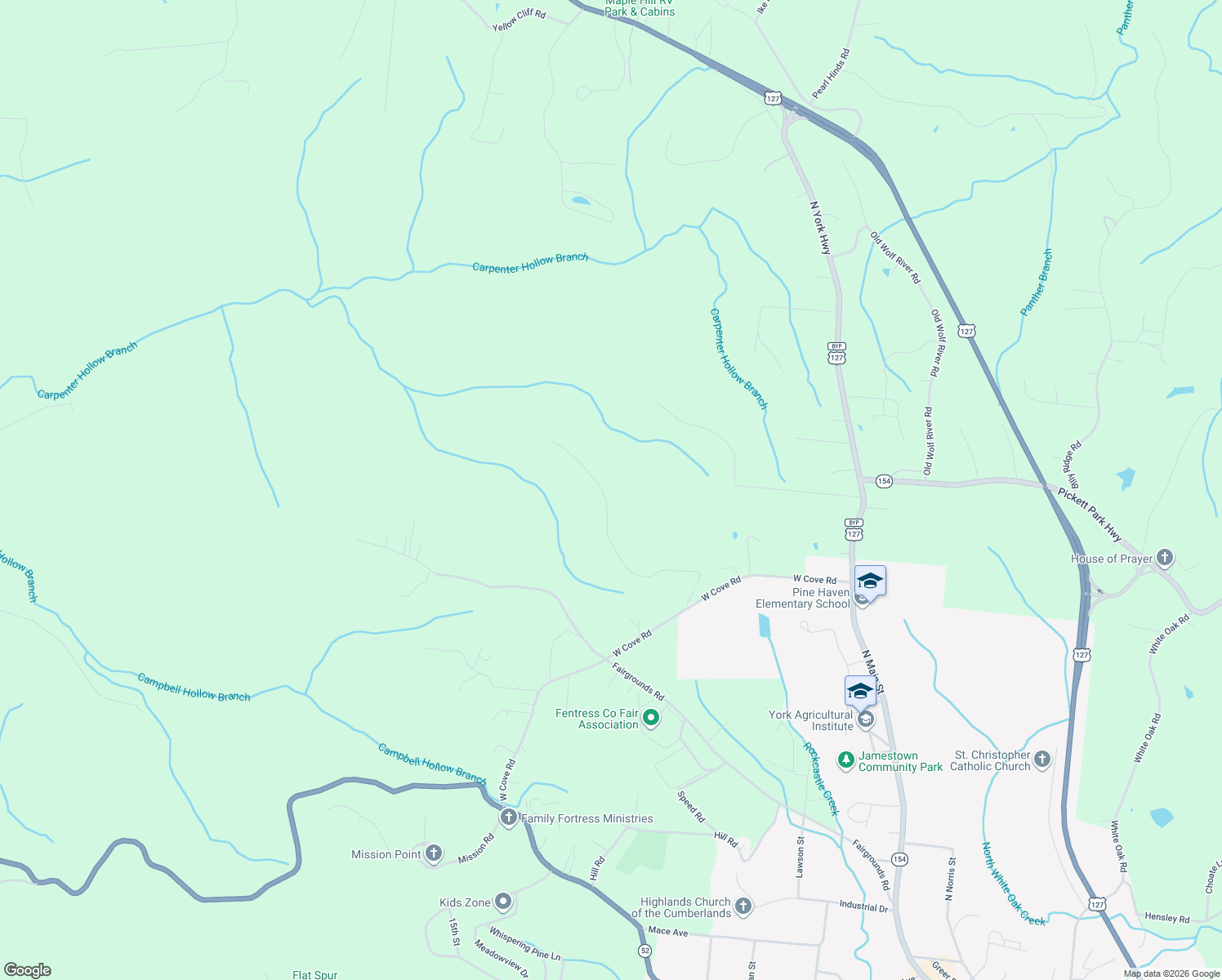 map of restaurants, bars, coffee shops, grocery stores, and more near 598 Ted Brooks Road in Jamestown