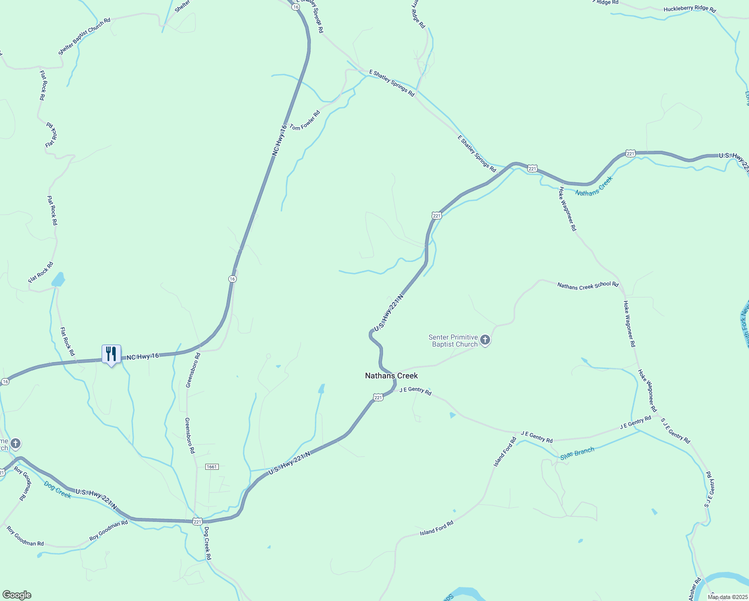 map of restaurants, bars, coffee shops, grocery stores, and more near 6687 U.S. Highway 221 North in Crumpler