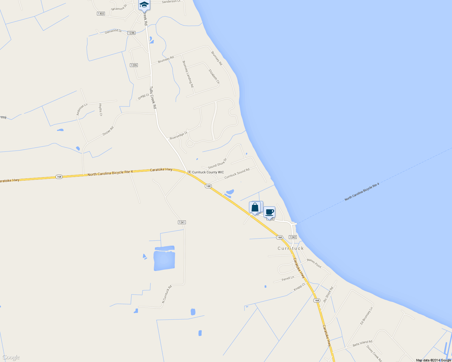 map of restaurants, bars, coffee shops, grocery stores, and more near 108 Currituck Sound Drive in Currituck