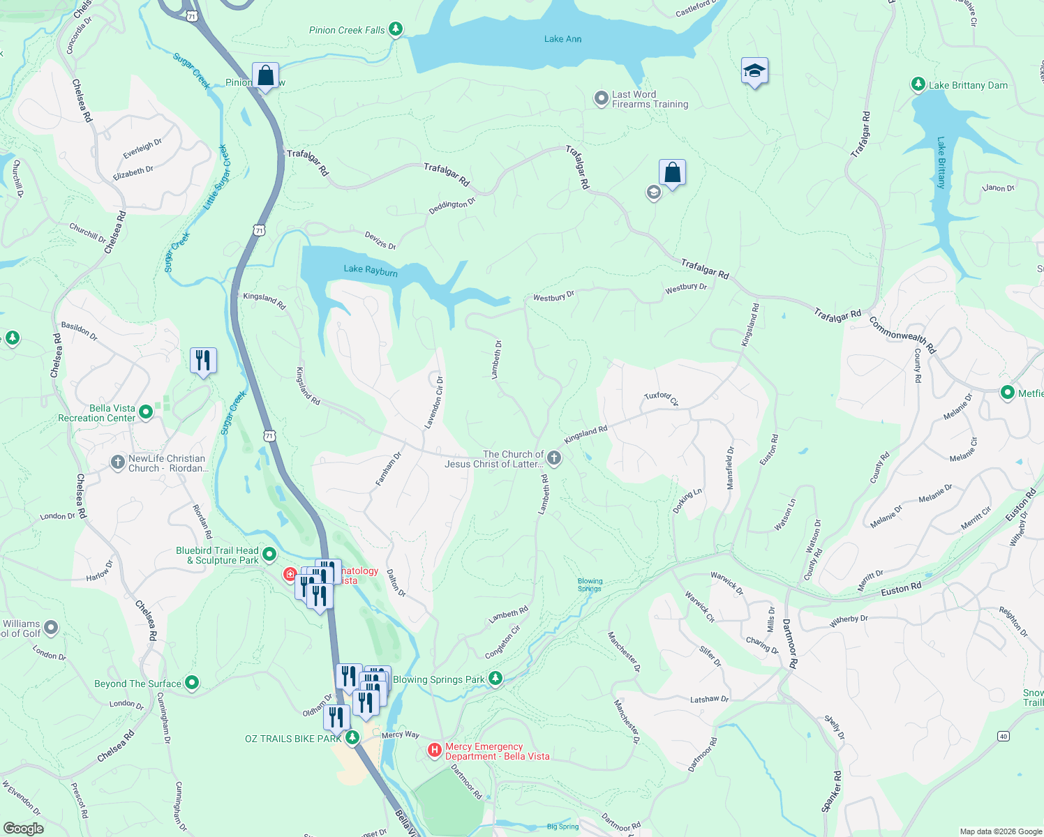 map of restaurants, bars, coffee shops, grocery stores, and more near 1 Lambeth Circle in Bella Vista